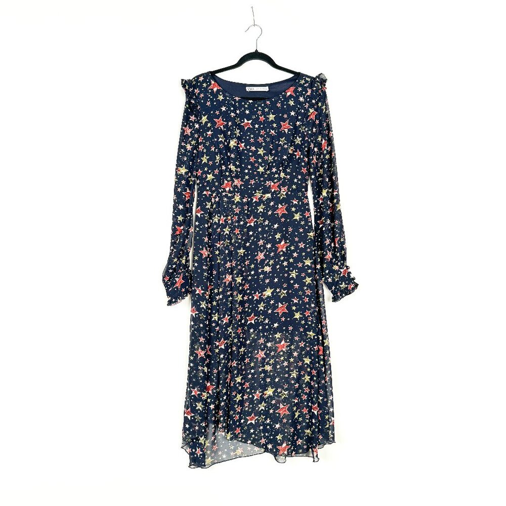 Zara Blue Star Long Sleeve Retro Style Midi Dress Sz. M